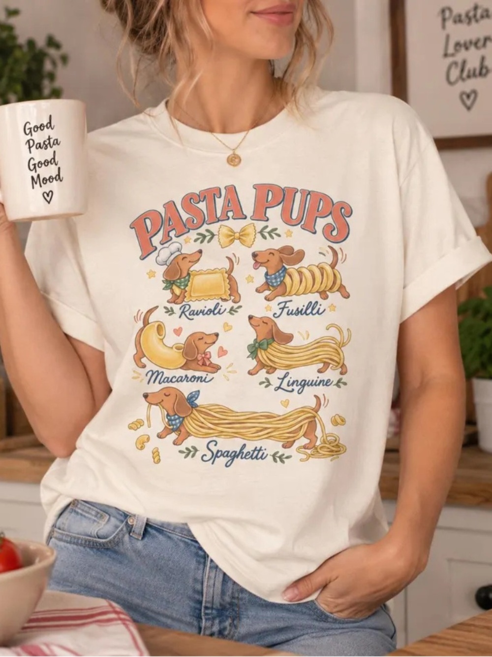 Gildan Off White Pasta Pups Graphic Tee, Vintage Pasta Dog T-Shirt Gift